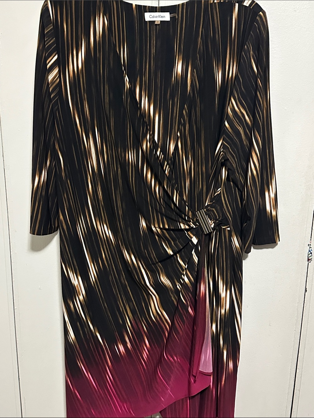 Calvin Klein Beown with Burgundy Ombre Faux Wrap Midi Dress